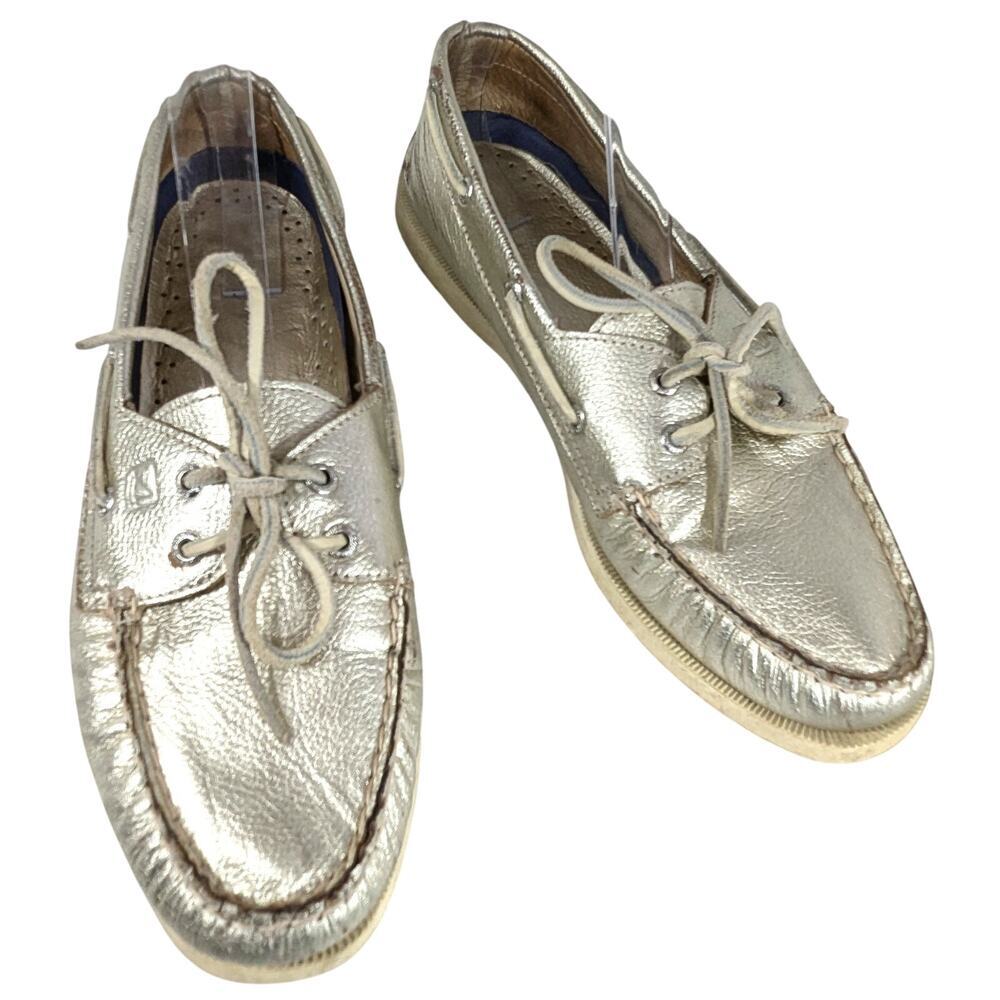 SPERRY TOPSIDER! GOLD GENUINE LEATHER BOAT SHOES NON-MARKING WHITE SOLE! SZ 9.5M
